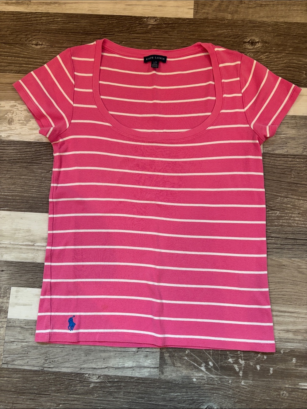 Ralph Lauren Hot Pink and White Striped Scoop Neck Tee